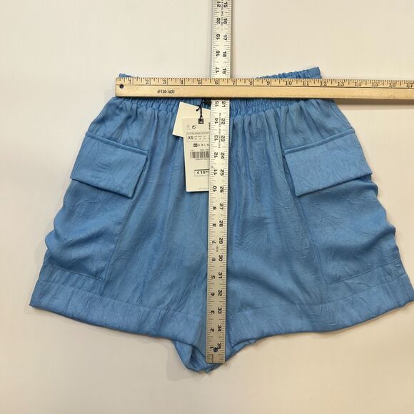 Zara Satin Effect Cargo Short Womens XS Extra Small Crinkle Blue Faux Fly Pocket - Picture 7 of 13